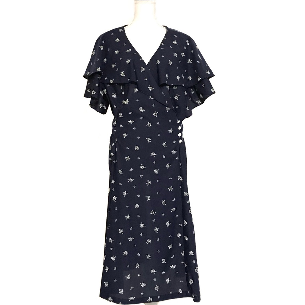 Vintage Navy Rose Print Flutter Sleeve Dress